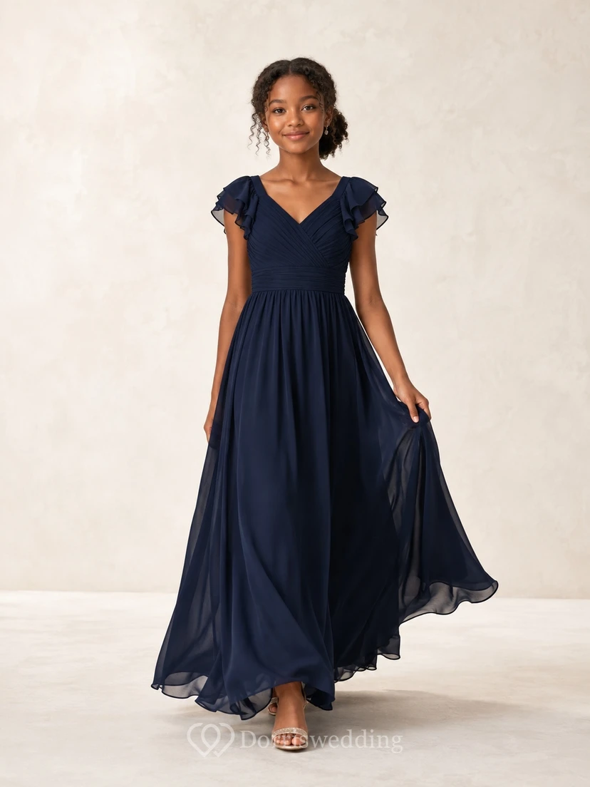 Dark Navy Junior Bridesmaid Dress A-Line V-Neck Short Sleeves Ruffles
