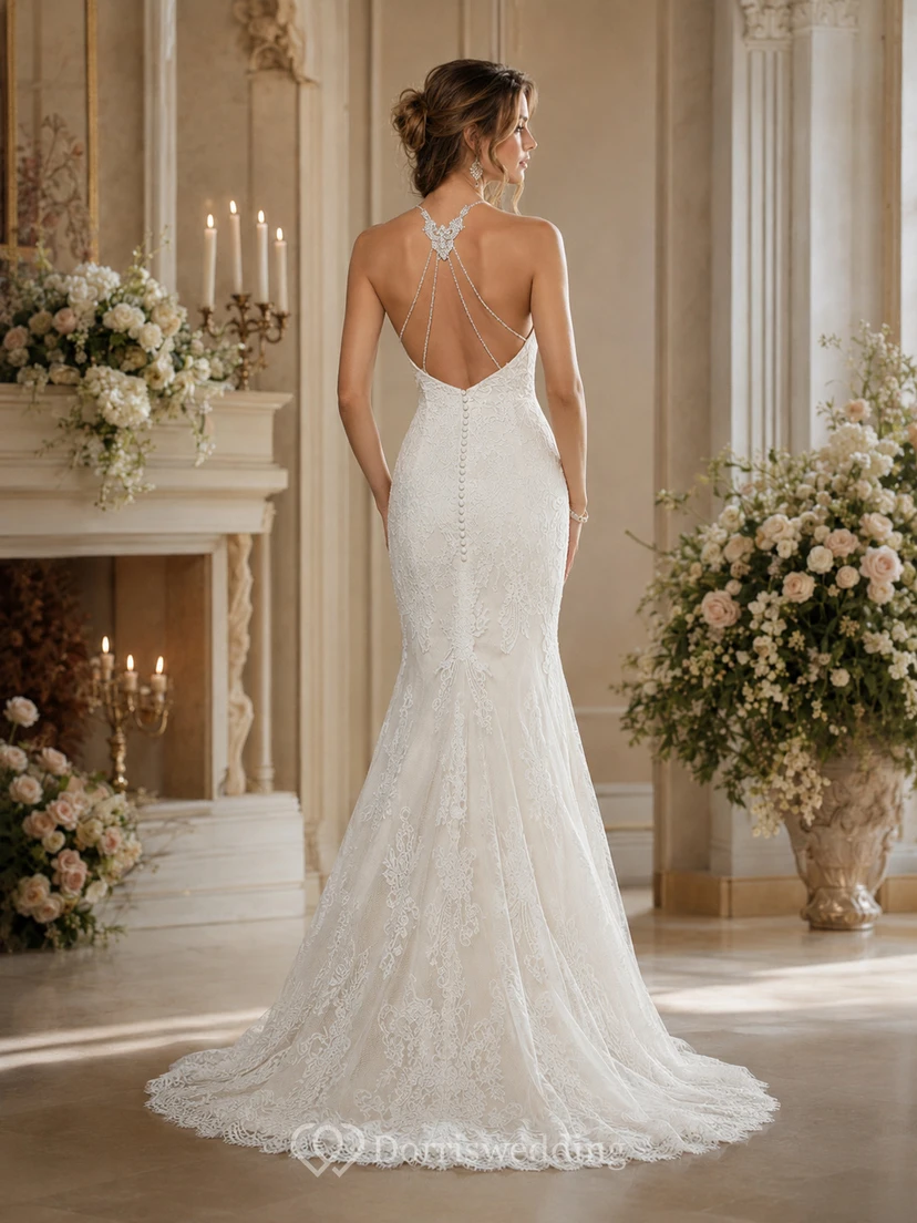 Vestido de novia de sirena sin mangas con cuello alto, escote ilusión y apliques. view 2