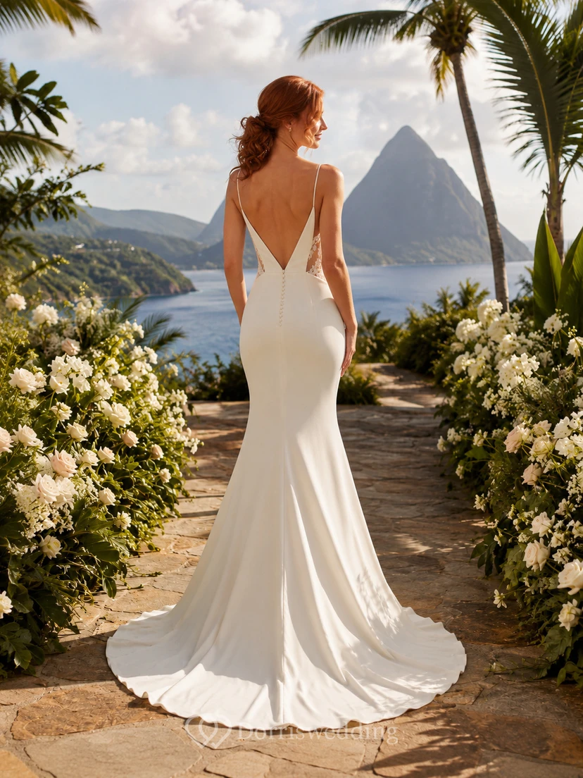 Robe de mariée sirène en satin à décolleté plongeant en V et dos nu avec traîne, pour une destination de mariage view 2
