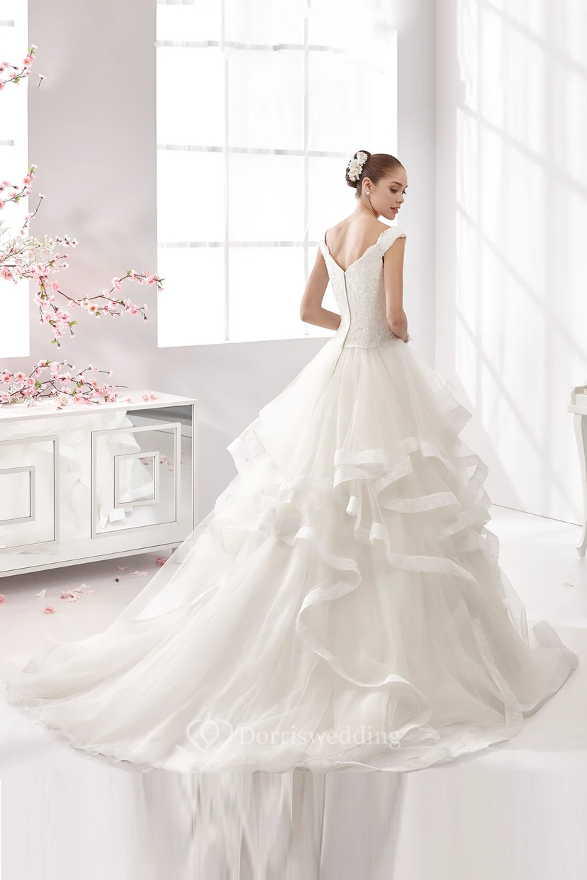 Cap-Sleeve A-Line Wedding Dress With Cascading Ruffles And Lace Corset view 2