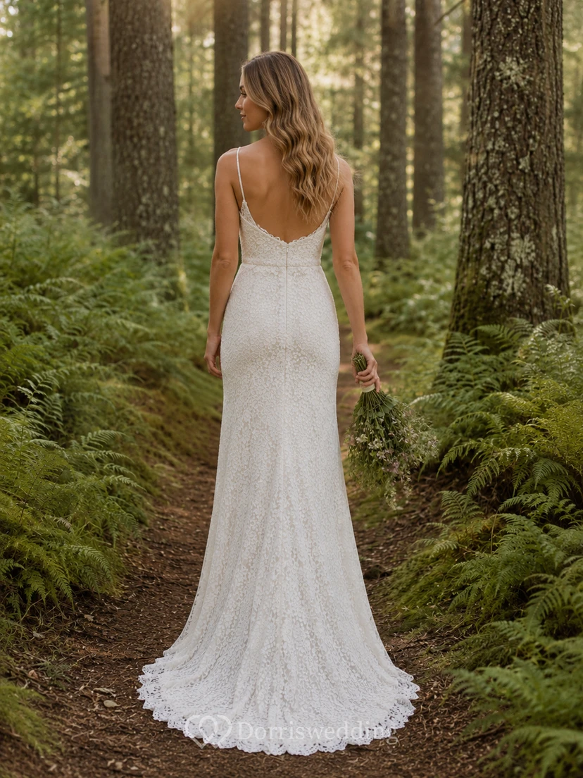 Sleeveless Forest Boho Lace Sheath Elopement Wedding Dress view 2
