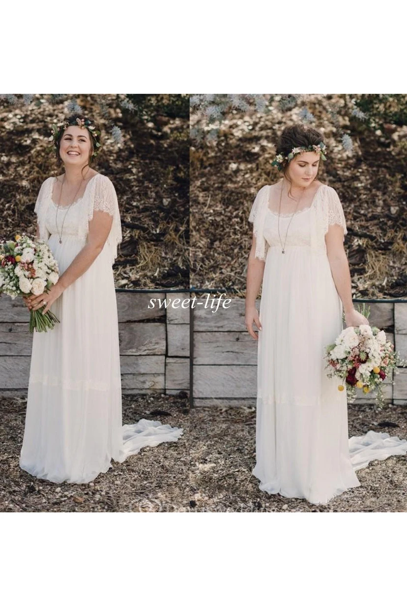 Vestido de novia bohemio de talla grande con encaje, mangas cortas y escote redondo en la espalda. view 6