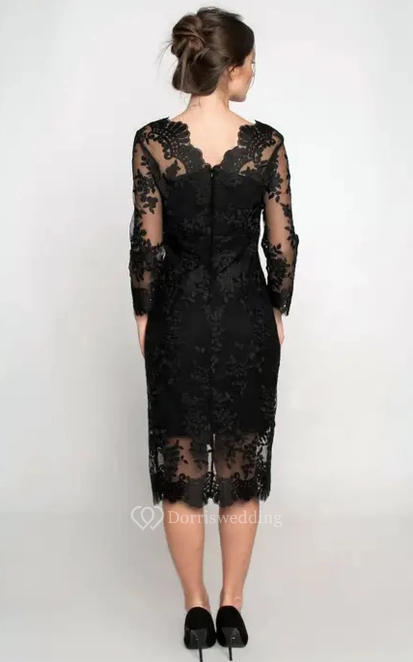 Robe cocktail décontractée à manches 3/4, longueur genou, coupe crayon, en dentelle, fermeture éclair et fente sur le devant view 2