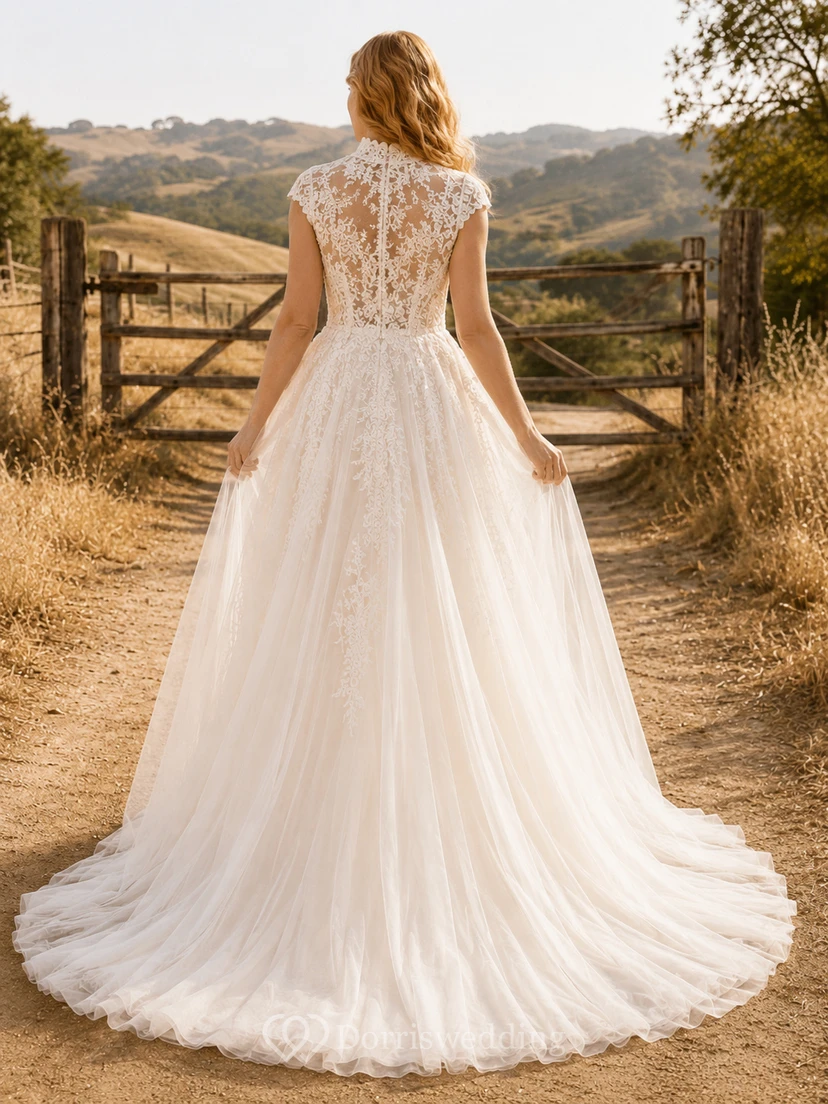 Country Tulle Wedding Dress A-Line Spaghetti Strap Chapel Train Bridal Gown view 2