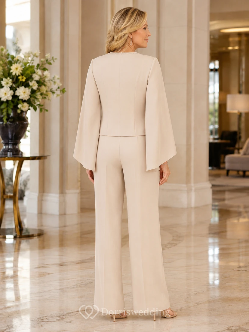 Ivory Mother Pantsuit with Cape Sleeve Jacket, Jewel Neckline and Wide Leg Pants view 2