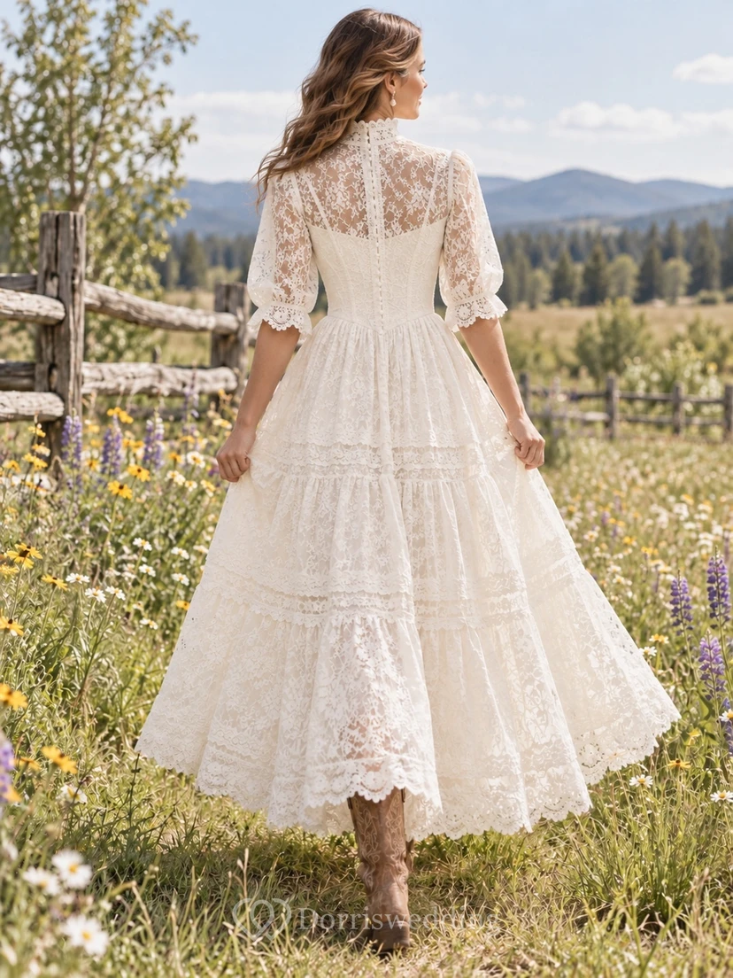 Country Boho Tea-length High Neck A-Line Lace Wedding Dress with Half Puff Sleeves Tiered Skirt view 2