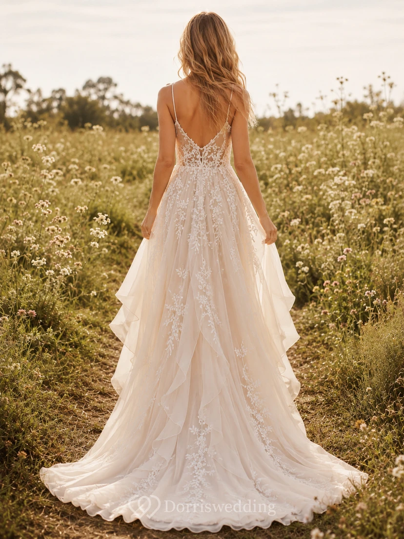 Etheral Champagne High Low Wedding A Line Plunging V Neck Layered Train view 2