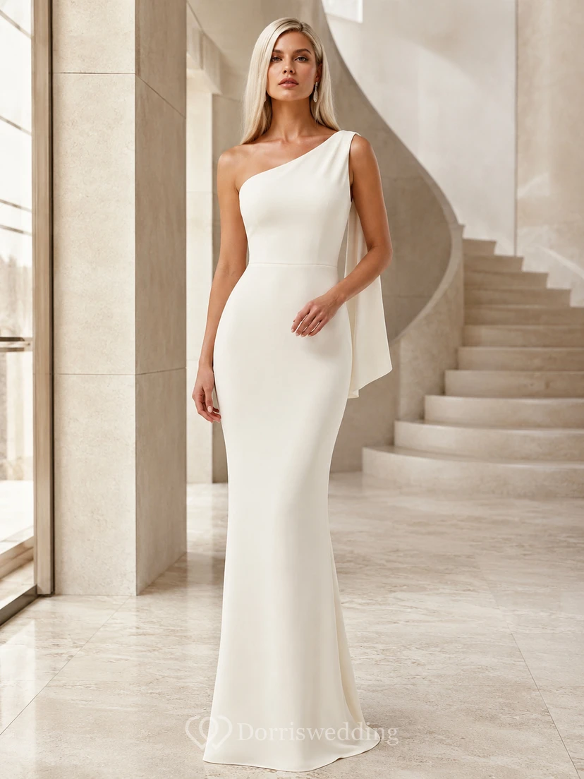 Vestido minimalista de sirena con un solo hombro y perlas