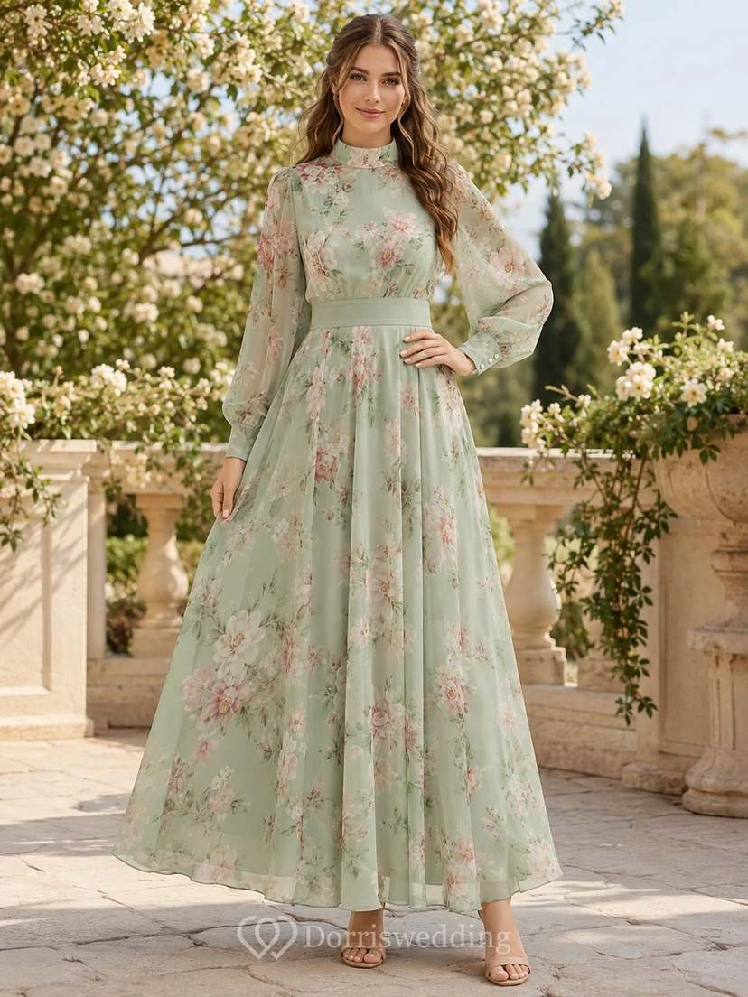 Mintgrünes, geblümtes Maxi-Gästekleid mit hohem Kragen und transparenten Ärmeln