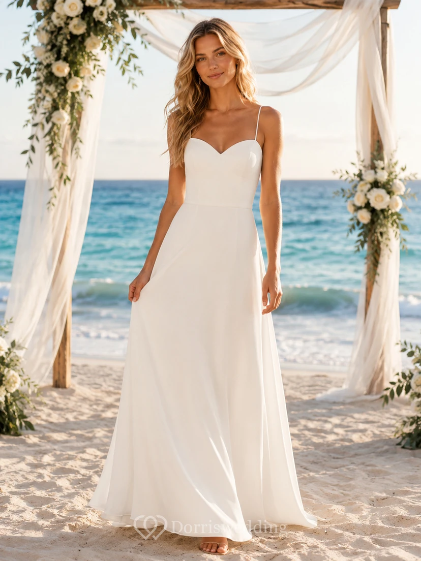 Affordable Beach Spaghetti Strap Chiffon A-Line Wedding Dress