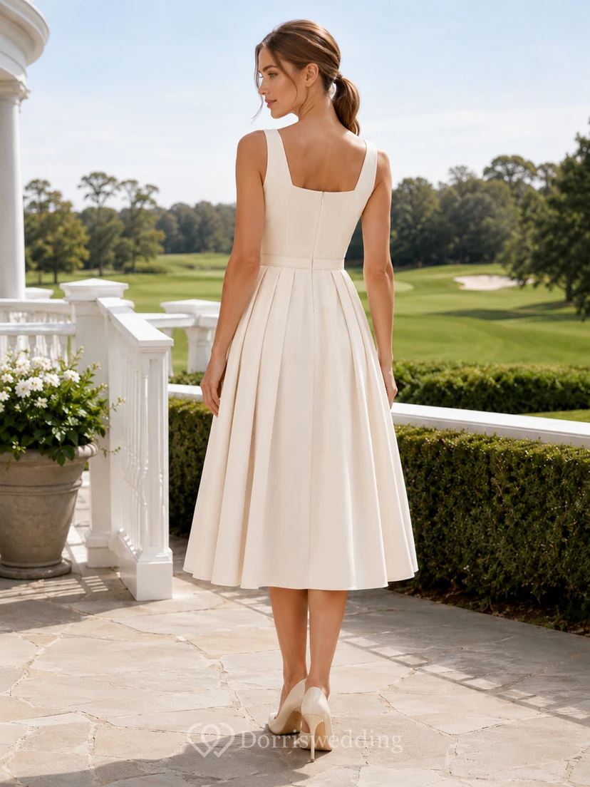 Cremefarbenes, tailliertes A-Linien-Midikleid im Country-Club-Stil mit eckigem Ausschnitt view 2