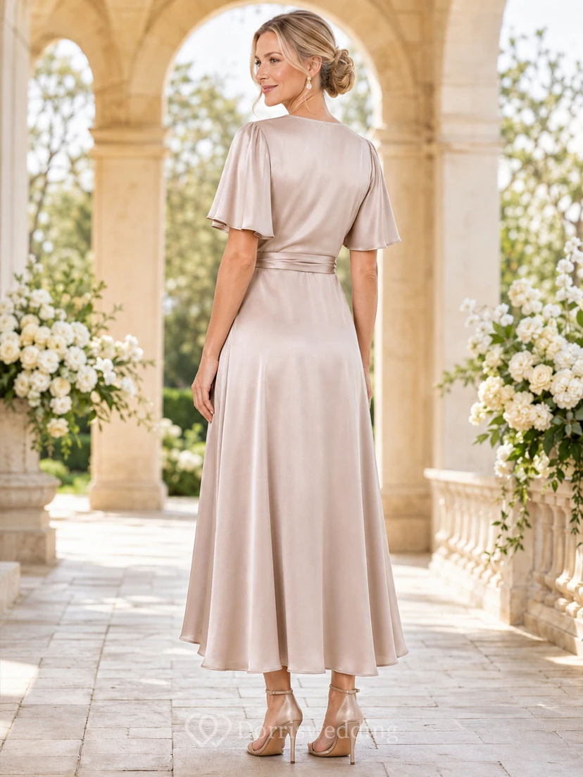 Champagne Romantic V-Neck Satin High-Low A-Line Mother of the Bride Wrap Dress with Flutter Sleeves and Sash view 2