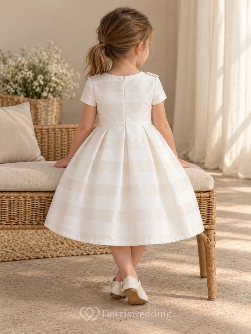 Modest White Ivory Vertical Striped Knee Length Short Sleeve Pleated Flower Girl Dress