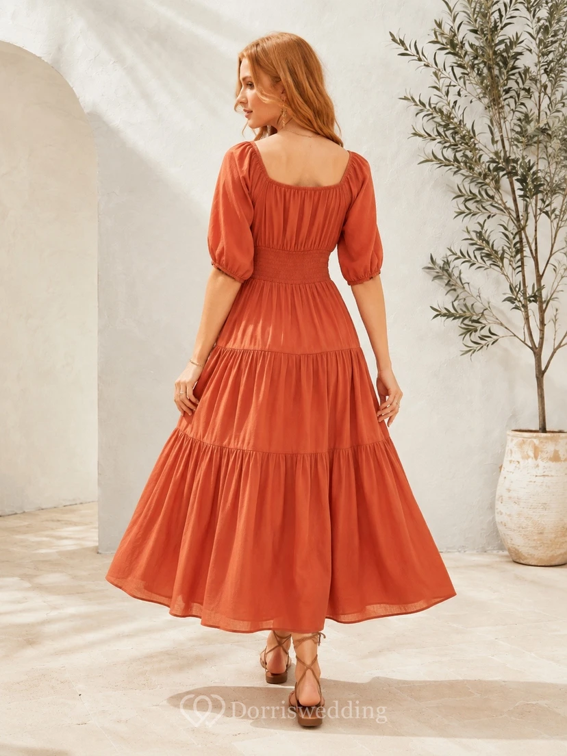 Orange Square-Neck Short Puff-Sleeve Tiered Chiffon A-Line Floor-Length Dress view 2