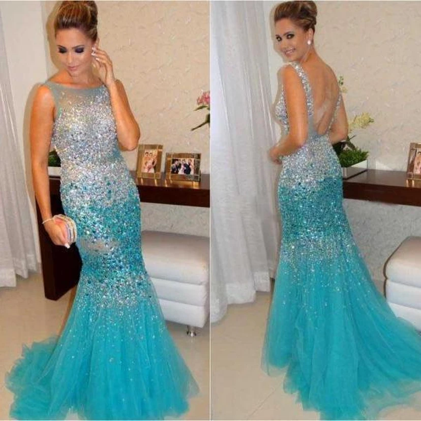 Glamorous Sleeveless Beadings Crystals Prom Dresses Mermaid Tulle Party Gowns view 3
