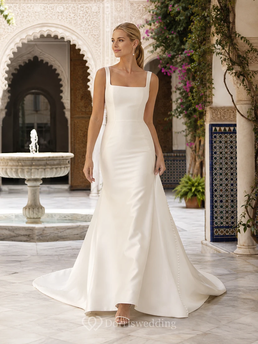 Robe de mariée sirène moderne en satin à col carré et dos nu boutonné, style moderne, pour une destination de mariage