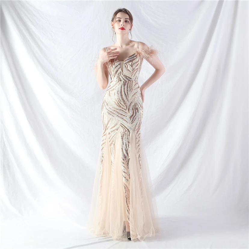 Crafted Ostrich Feather Stacked Sequins Splicing Mesh Gauze High-End Evening Dress Clothes view 52