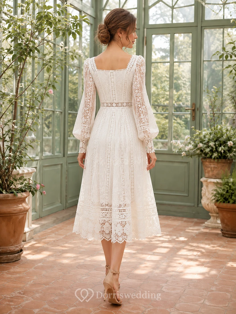Greenhouse Lace Ivory A-Line Tea-Length Square Long-Sleeve Bohemian Guest Dress view 2