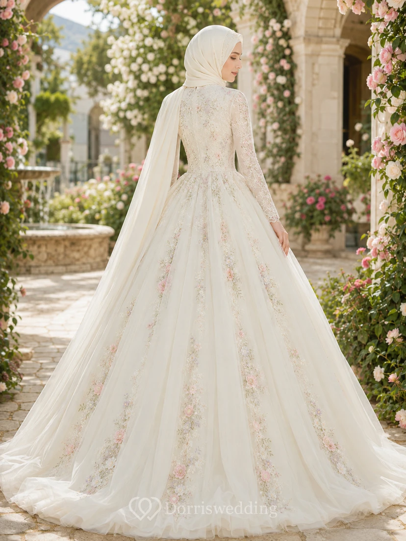 Vestido de novia de gala rosa con bordados y cuello alto, estilo musulmán, con estampado floral. view 2