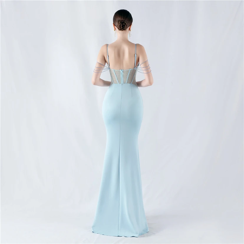 Vestido de noche con cintura de espiga, bordado de diamantes de imitación, ideal para banquetes y presentaciones. view 38