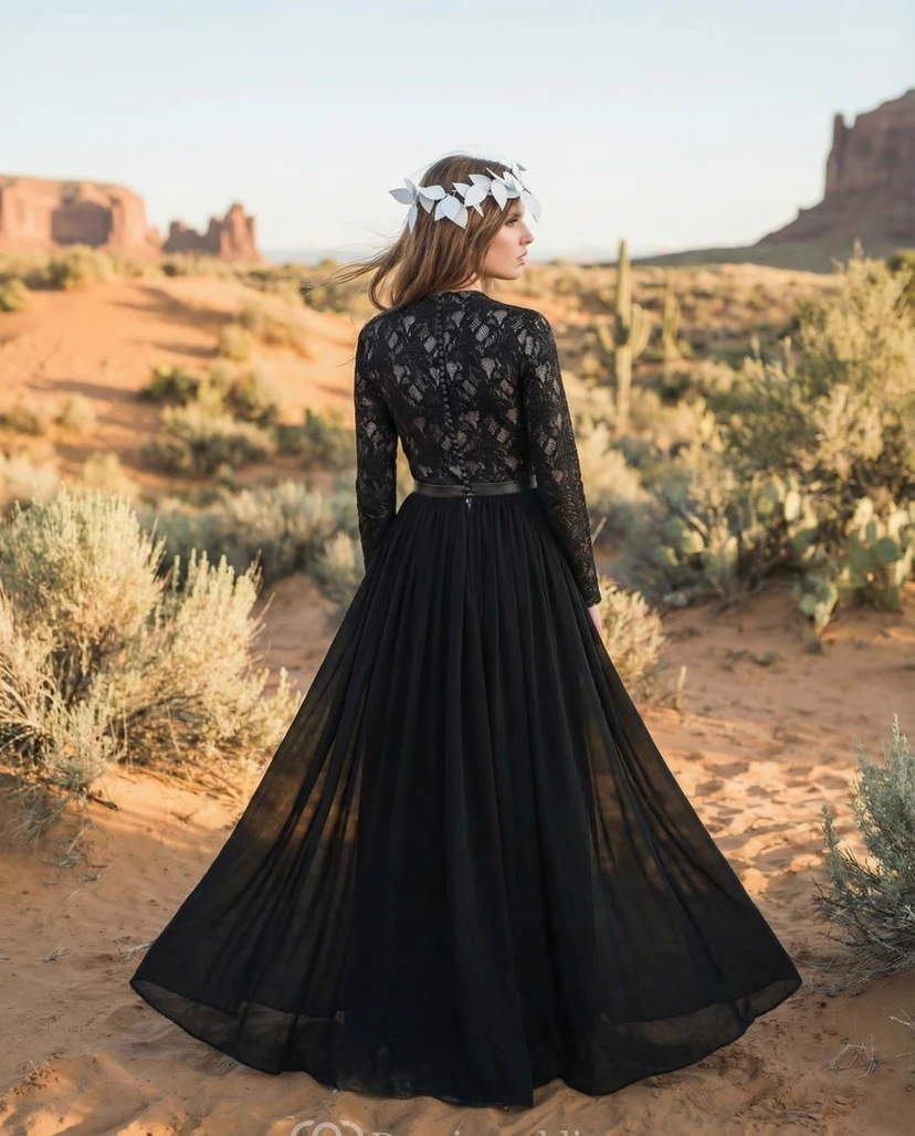Tiered A-Line Chiffon Gown with Lace Sleeves view 2