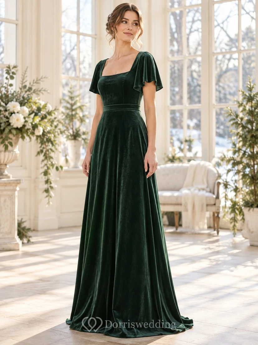 Brautjungfernkleid aus tannengrünem Samt mit eckigem Ausschnitt und flatternden Ärmeln