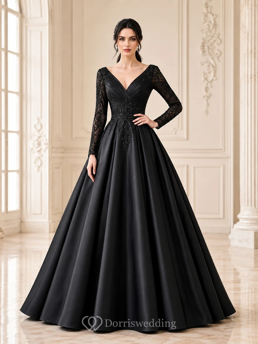 Long Sleeve V Neck Black Satin Ball Gown Evening Dress