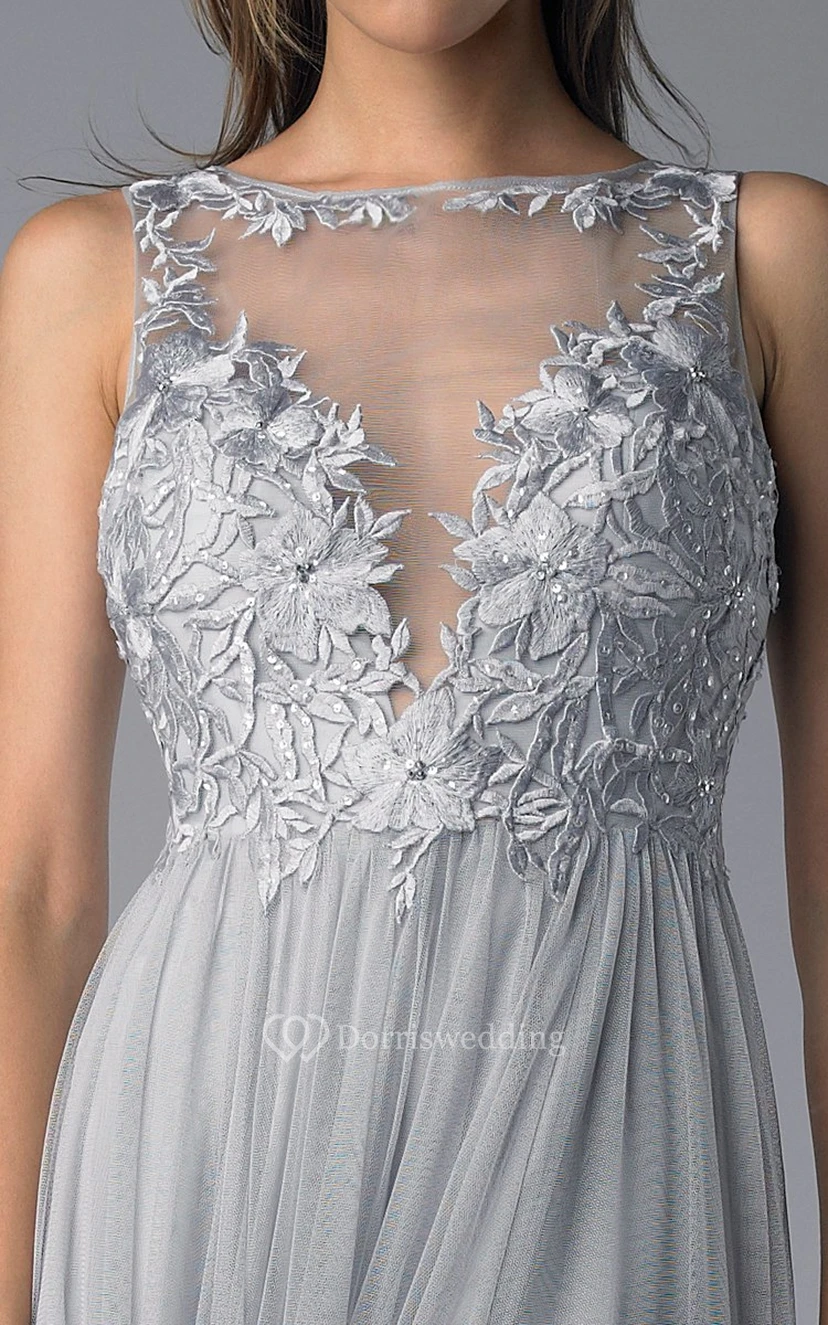 A-line Floor-length Jewel Sleeveless Tulle Low-V Back Dress view 7