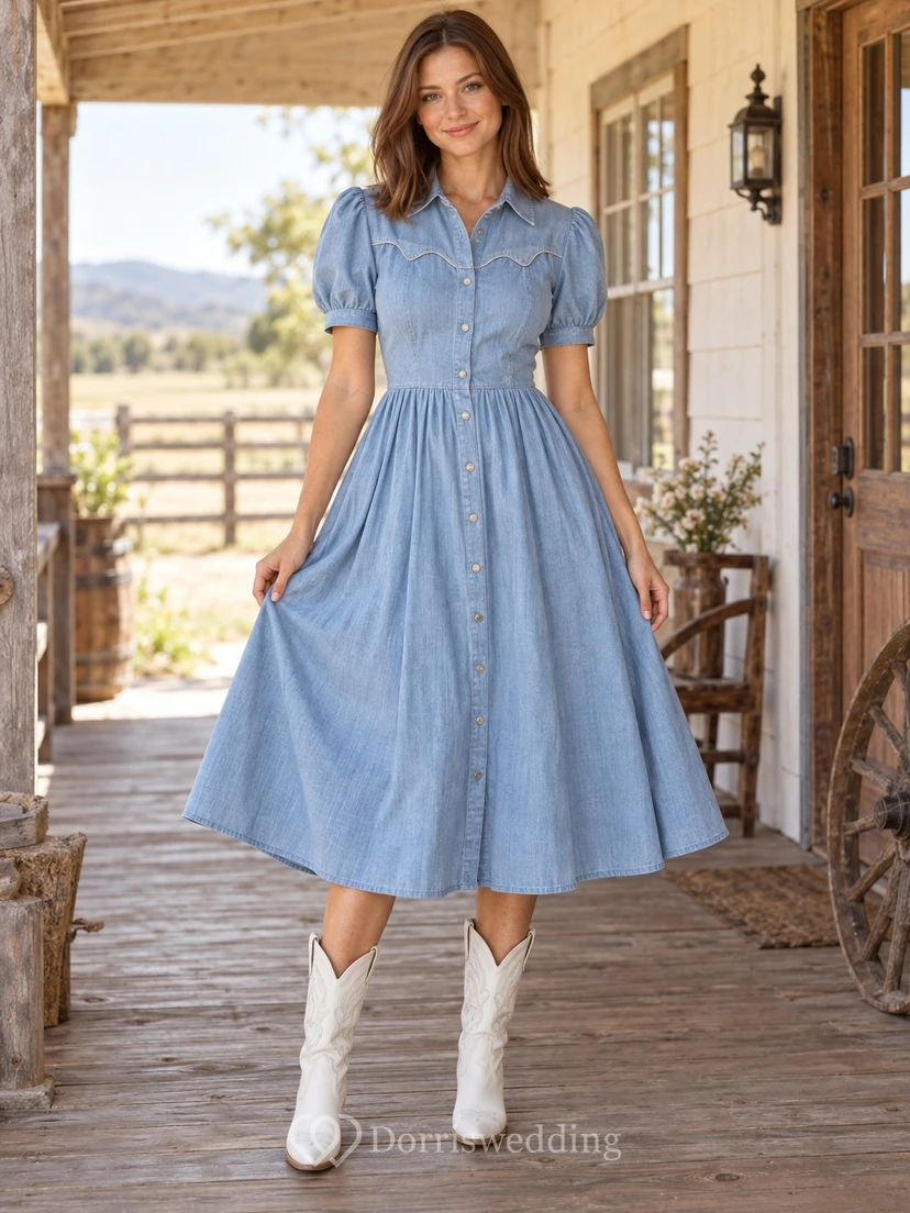 Western Tea-length Sky Blue Collared Puff Sleeve Button Denim Dress
