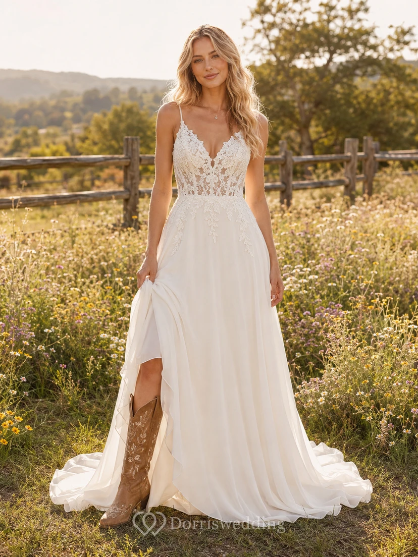 Robe de mariée de maternité, col carré, manches bouffantes, dentelle, coupe trapèze, traîne style jardin