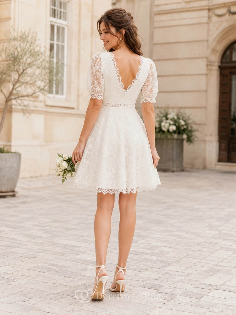 Vintage V Neck Half Lace Sleeve A Line Mini Civil Wedding Dress view 2