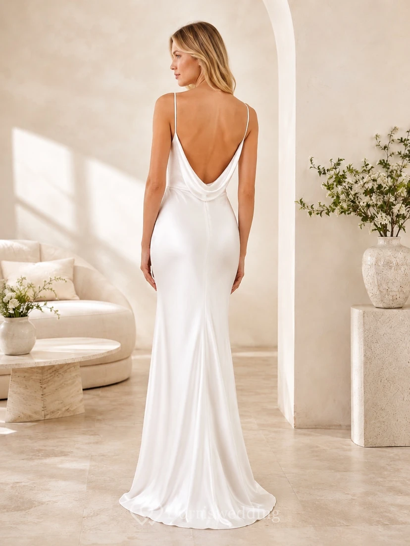 Satin Spaghetti Strap Draped Low Back Sheath Floor Length Simple Bridal Gown view 2