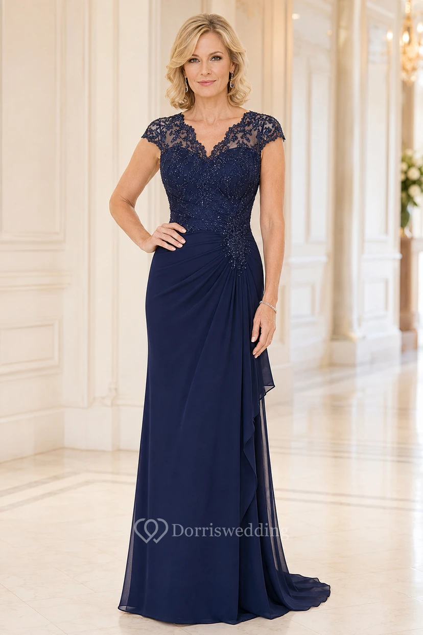 Mutterkleid aus marineblauem Chiffon mit Spitzenoberteil und kurzen Ärmeln