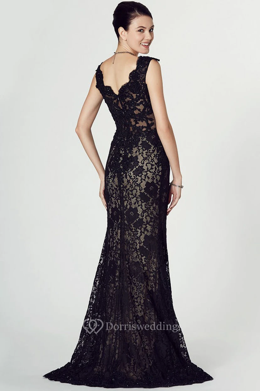 Floor-Length V-Neck Appliqued Sleeveless Lace Prom Dress With Split Front view 2