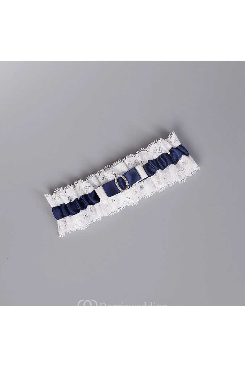 Original Handmade Blue Satin Beading White Lace Bridal Garter Within 16-23inch view 2