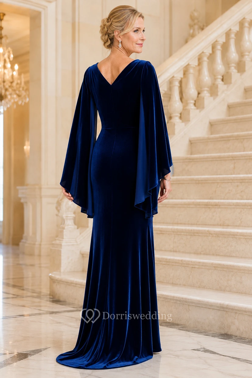 Königsblaues, ärmelloses Samtkleid mit V-Ausschnitt und langen Ärmeln view 2