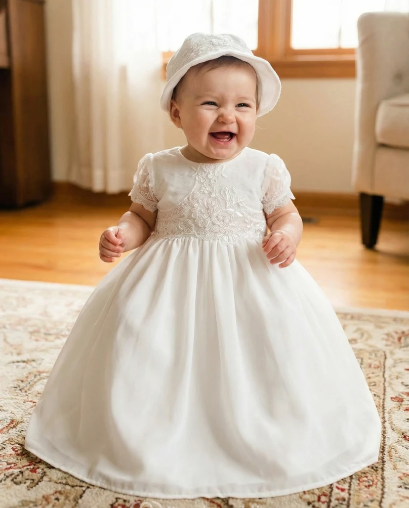 Vestido blanco de niña para bautizo, falda sencilla de organza con bordado.