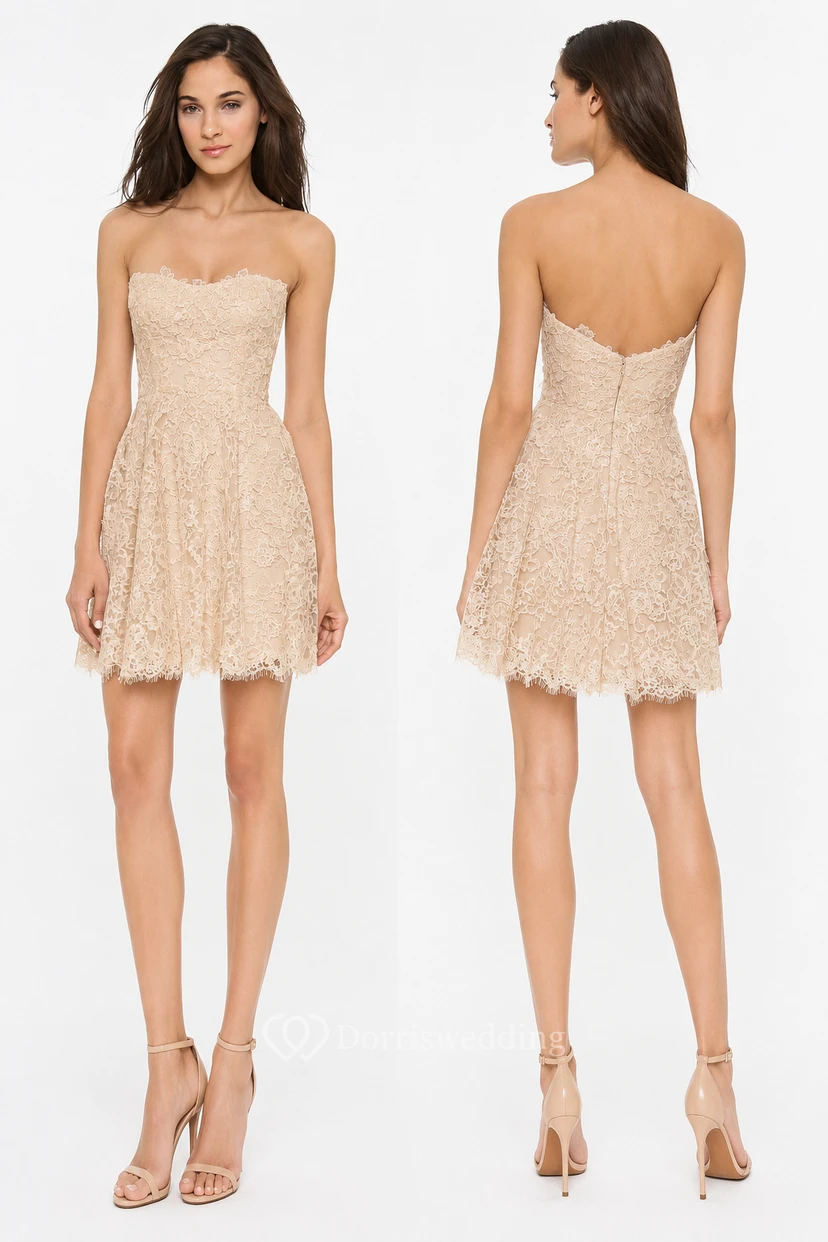 Short Strapless A-line Lace Dress With Low-V Back Style view 12