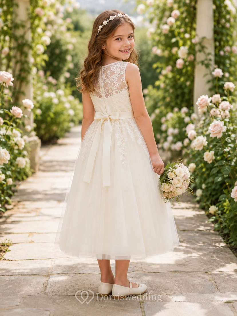 Vestido de niña de las flores color marfil, romántico, largo hasta la rodilla, corte en A, sin mangas, con encaje floral ilusión y fajín de tul. view 2