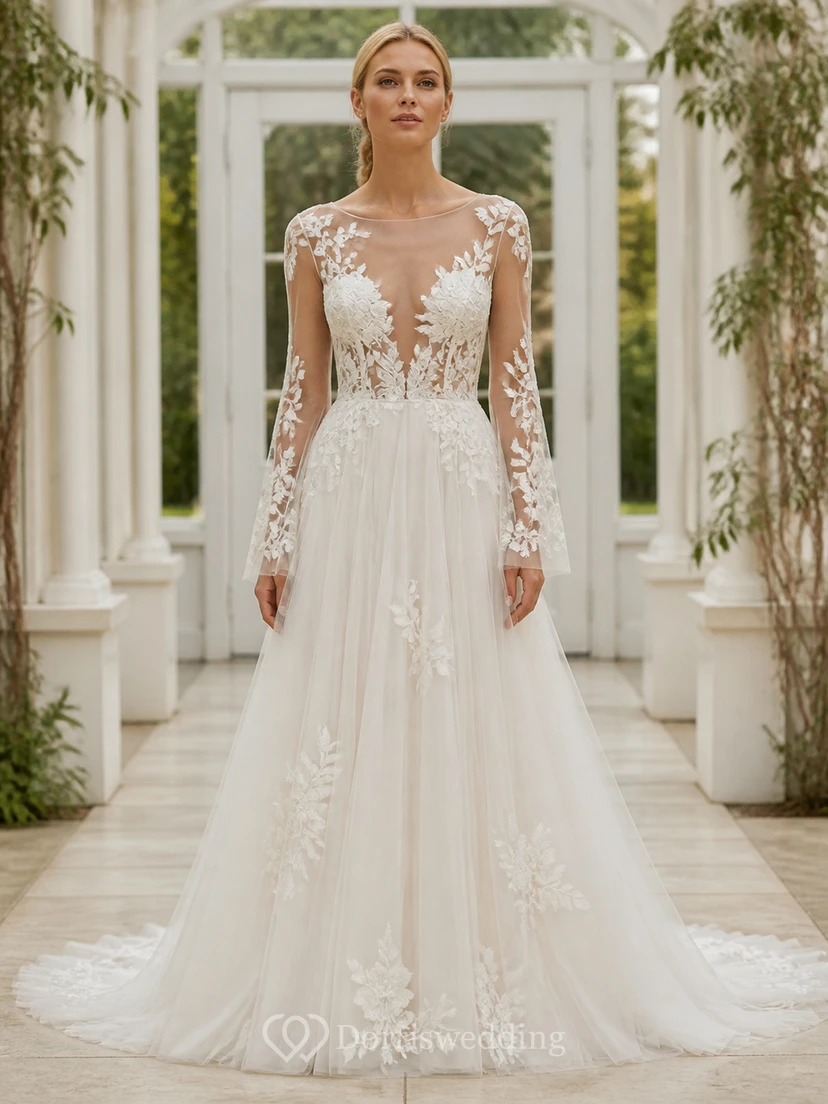 Vestido de novia de lujo de manga larga, corte A, escote barco, encaje botánico transparente y cola catedral.