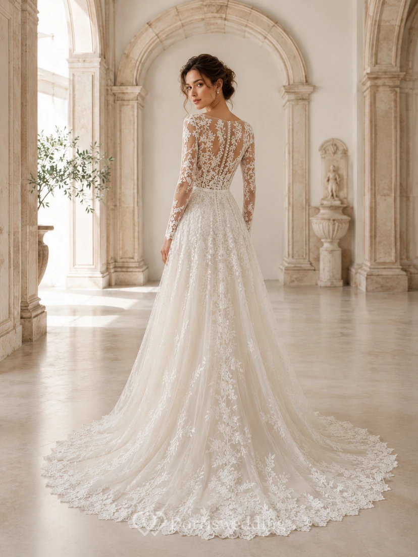 Robe de mariée trapèze en dentelle florale à col en V et manches illusion longues view 2