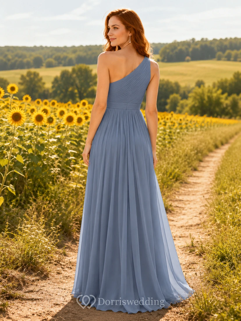 Steel Blue Chiffon A-Line One-Shoulder Sleeveless Pleated Open Back Floor-Length Bridesmaid Dress view 2
