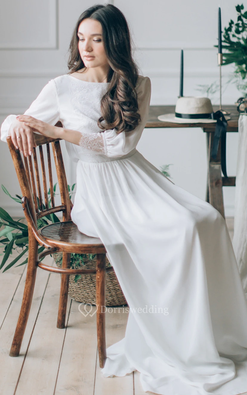 Scoop-neck Long Sleeve Chiffon Deep-v Neck Casual Wedding Dress with Deep-v Back