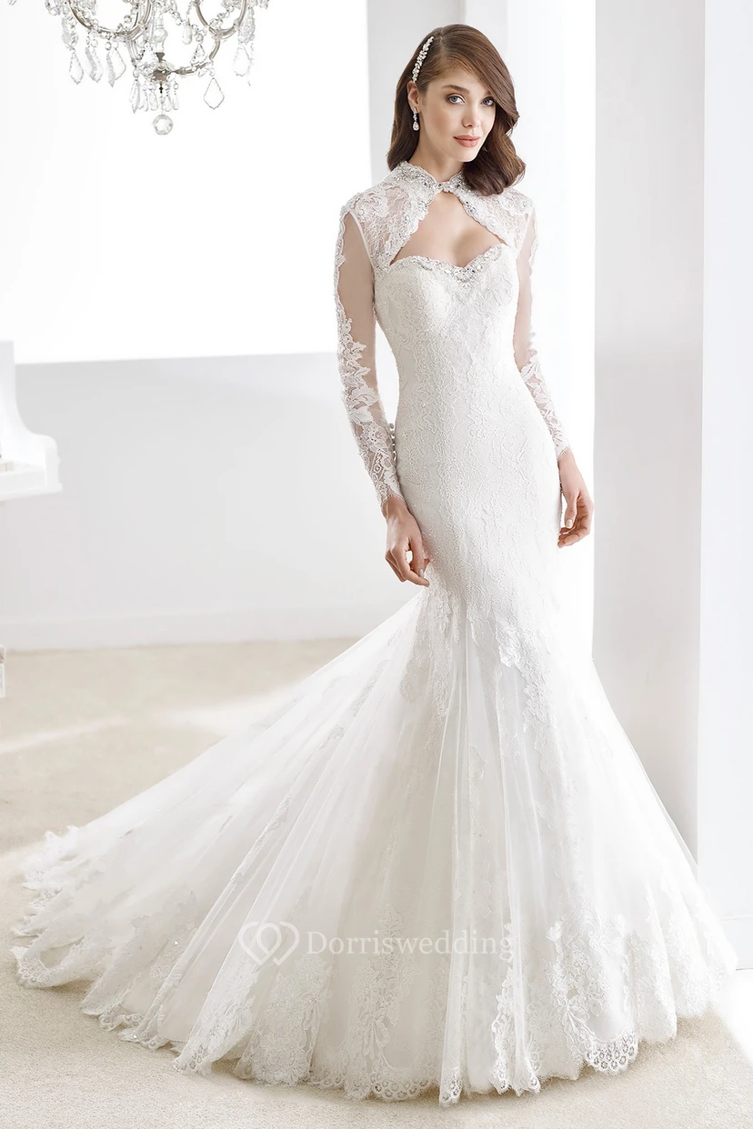 Long-Sleeve Keyhole-Bust Sheath Lace Wedding Dress With Mermaid Style And Keyholes Back