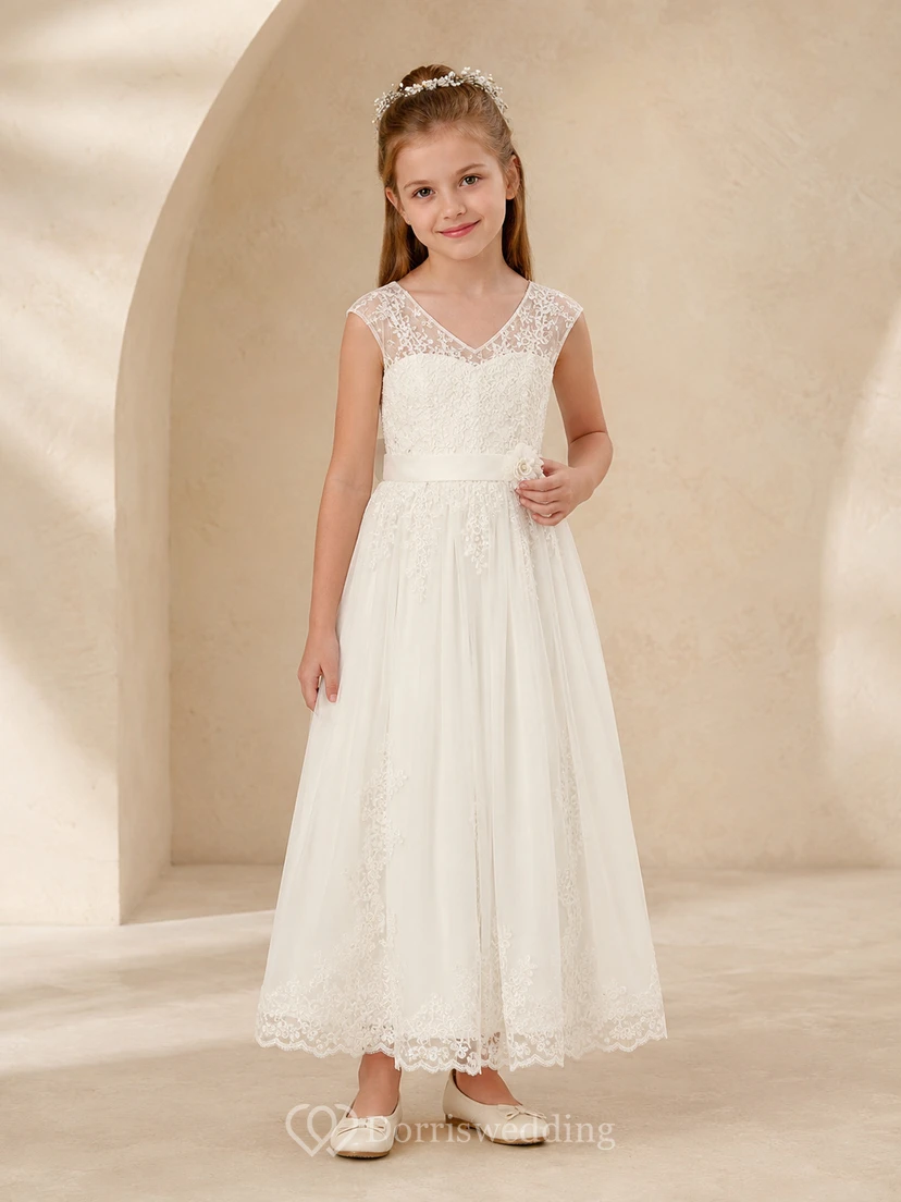 Robe de première communion petite taille, col V, dentelle, sans manches, longueur cheville, robe de première communion.