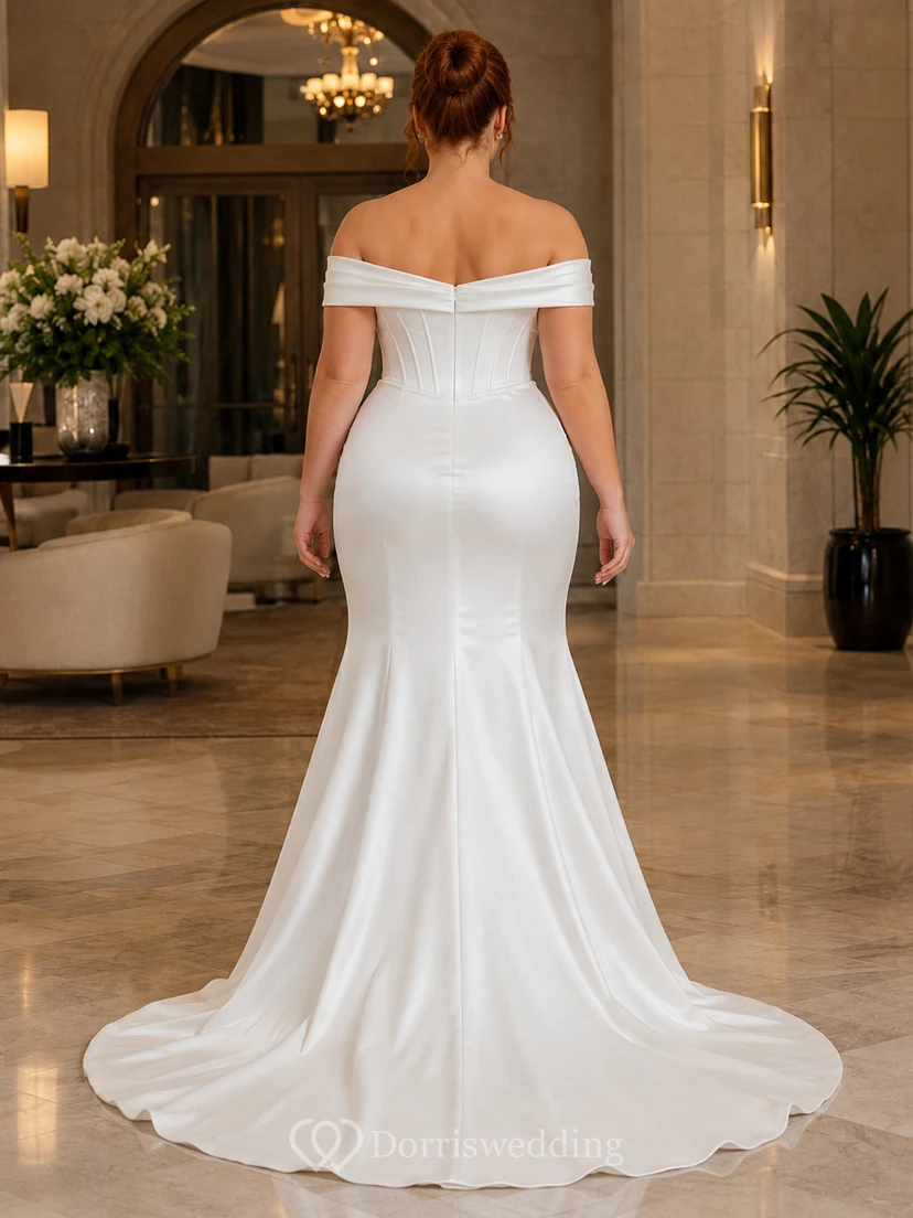 Sexy Curvy Satin Wedding Mermaid Off Shoulder Ruched Sweep Train view 2