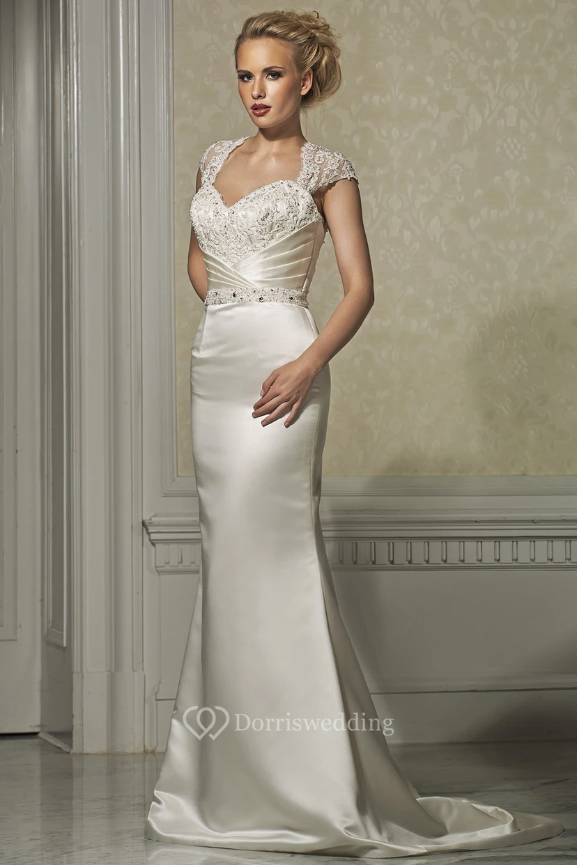 Sheath Cap-Sleeve Floor-Length Jeweled Satin Wedding Dress With Lace