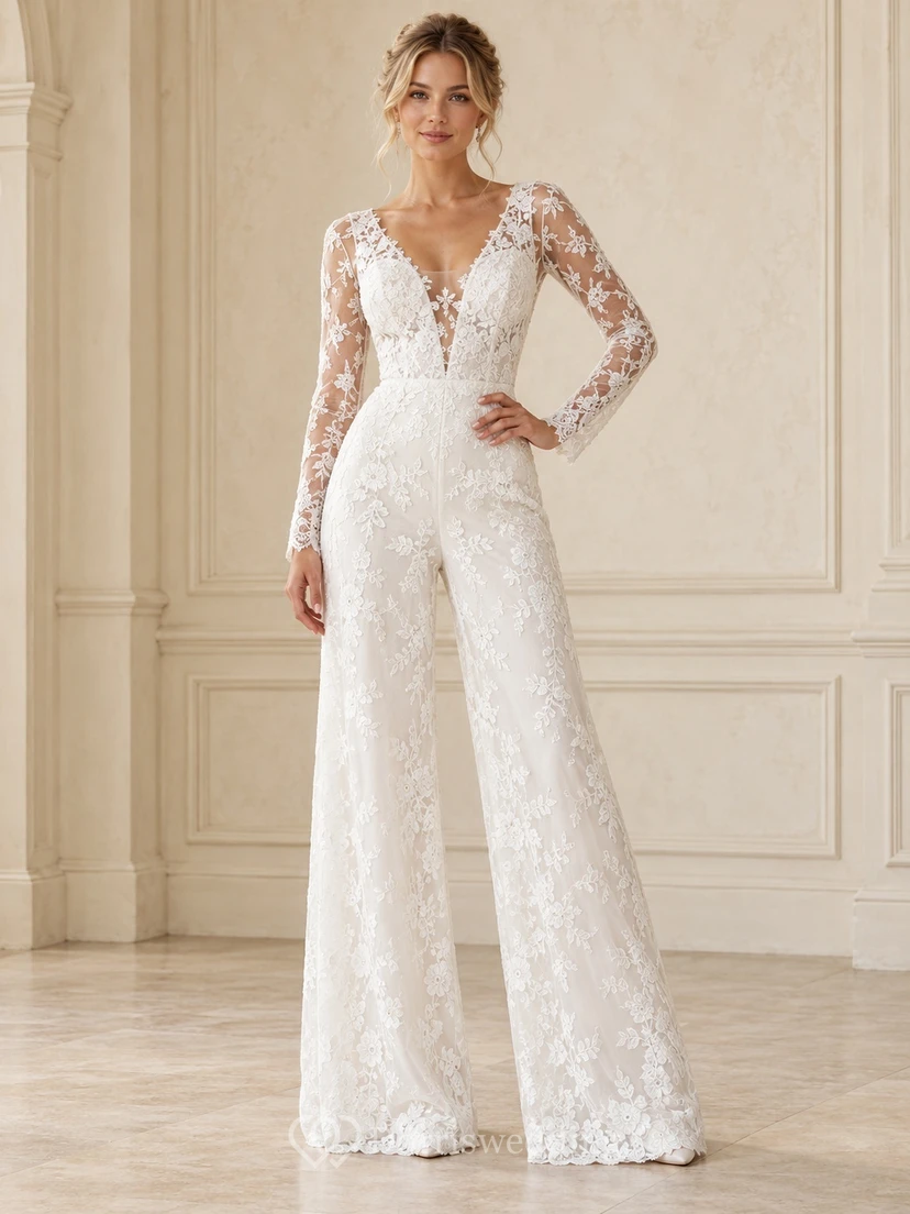 Mono de novia de manga larga, escote en V, encaje floral y pernera ancha.