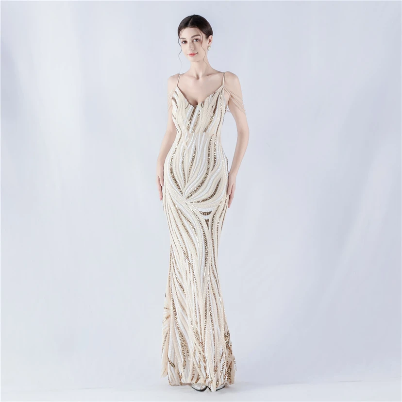 Sequined Striped Color Matching Slim Dinner Host Suspender Long Dress For Women view 19