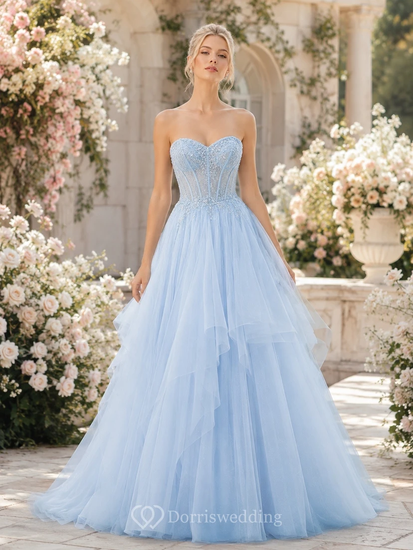 Baby Blue Strapless Layered Tulle Quinceanera Ball Gown